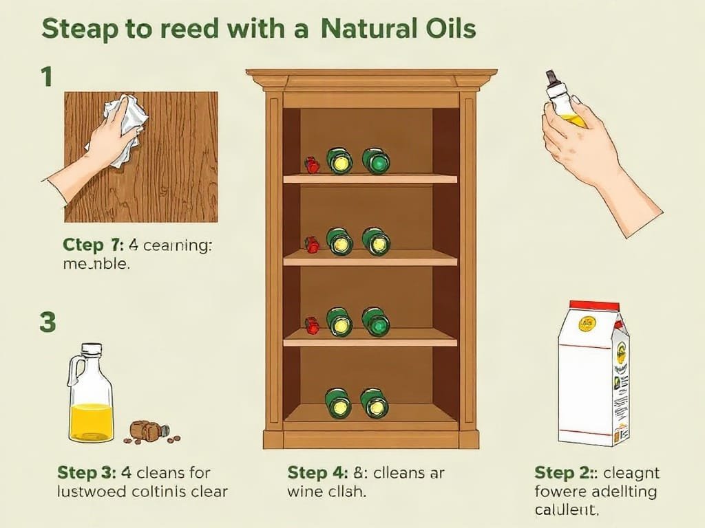 Minh họa từng bước vệ sinh tủ rượu bằng dầu tự nhiên.