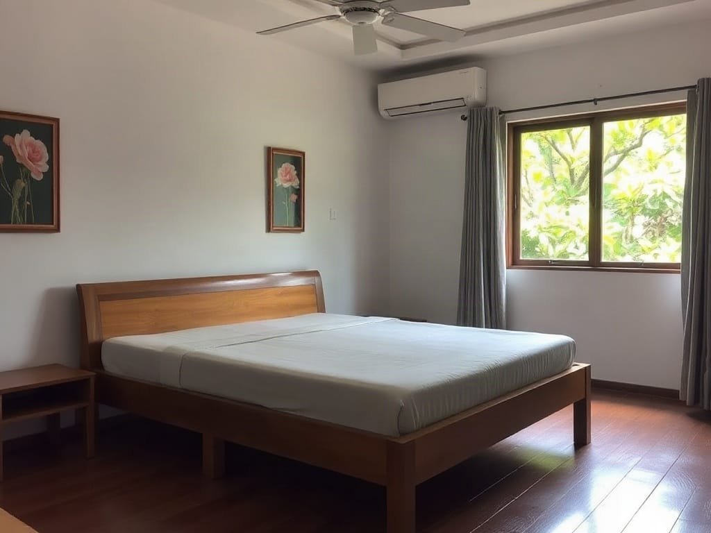 Ngôi nhà Việt Nam thanh bình trưng bày giường gỗ mới lắp đặt.