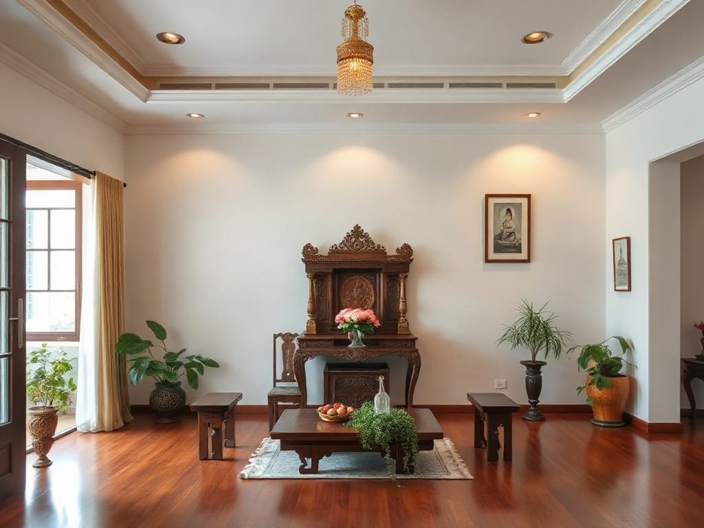 Cận cảnh tay đang đánh bóng chi tiết khắc trên bàn thờ gỗ dưới ánh sáng ấm.