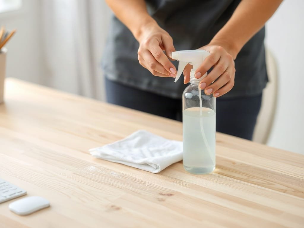 Người áp dụng dung dịch vệ sinh nhẹ trên bàn gỗ sáng