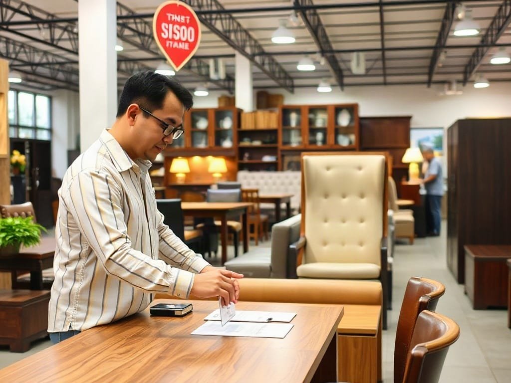Người đàn ông Việt Nam chọn bàn ở cửa hàng nội thất