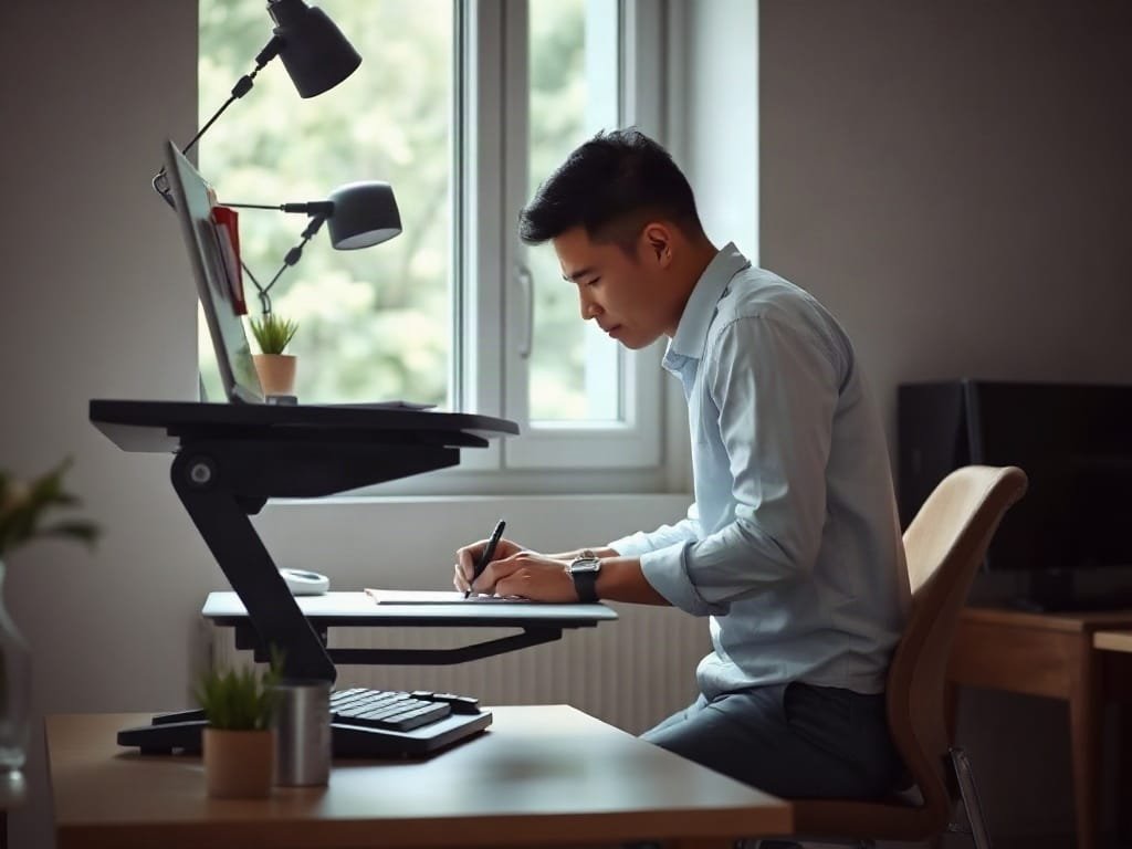 Người đàn ông Việt Nam viết lách tại bàn điều chỉnh độ cao với ánh sáng tự nhiên.