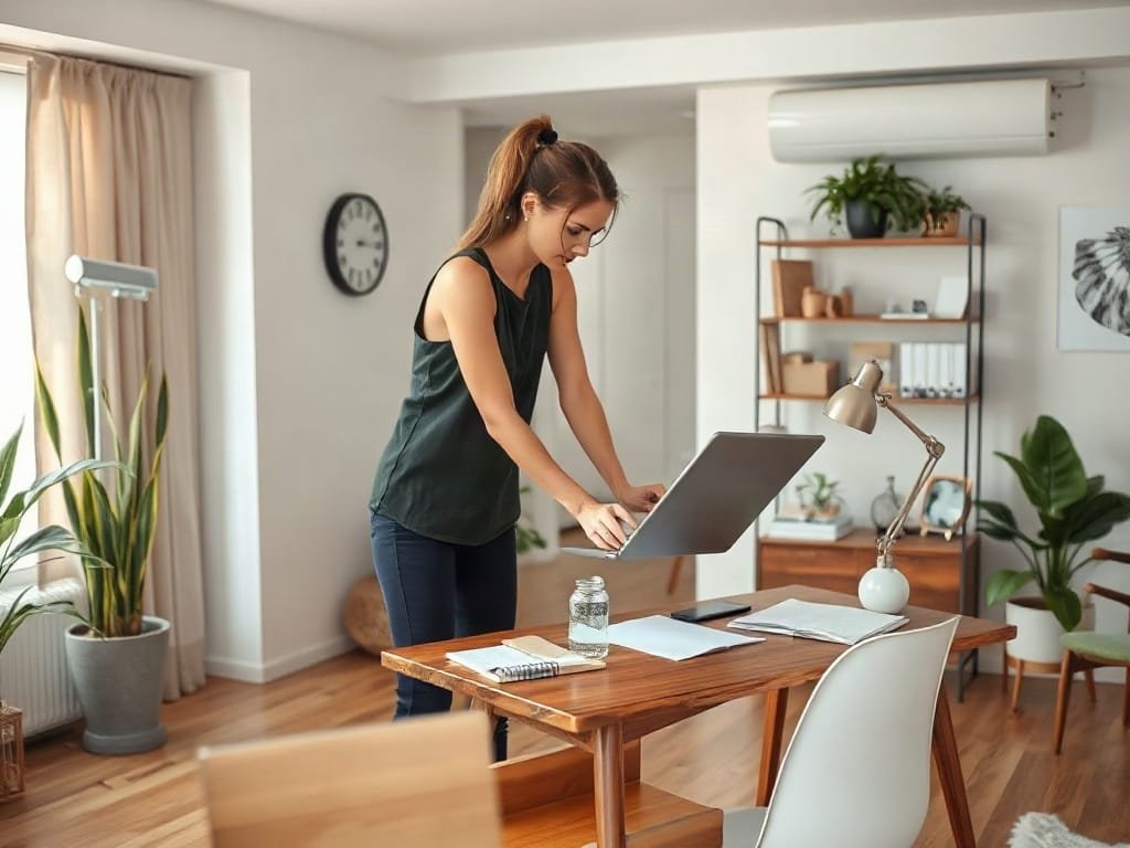 Người phụ nữ sắp xếp bàn làm việc gỗ trong căn hộ hiện đại