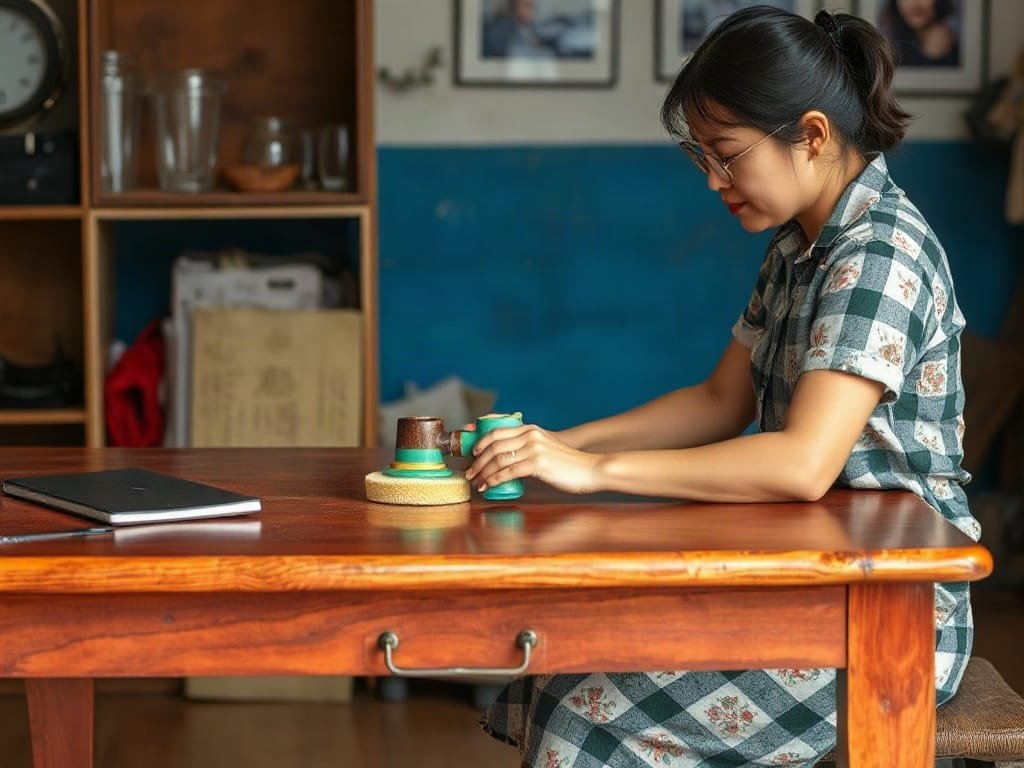 Người phụ nữ Việt Nam đánh bóng bàn làm việc gỗ tự nhiên