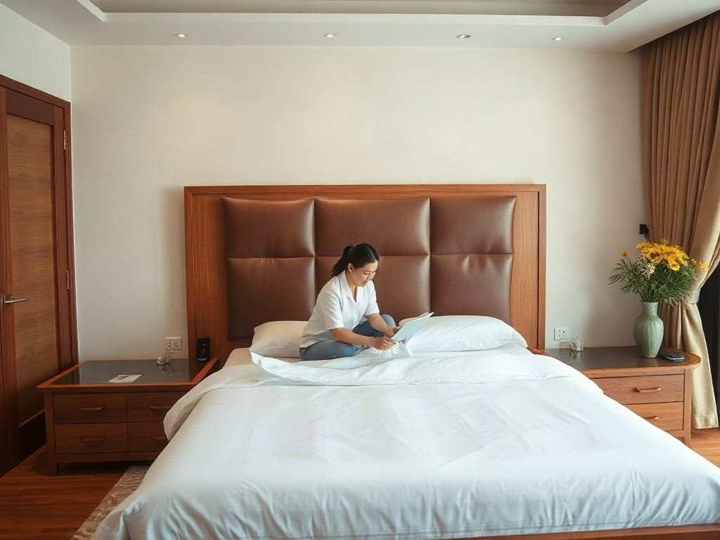 Người phụ nữ Việt Nam kiểm tra giường gỗ mới được lắp đặt trong phòng ngủ xa hoa.