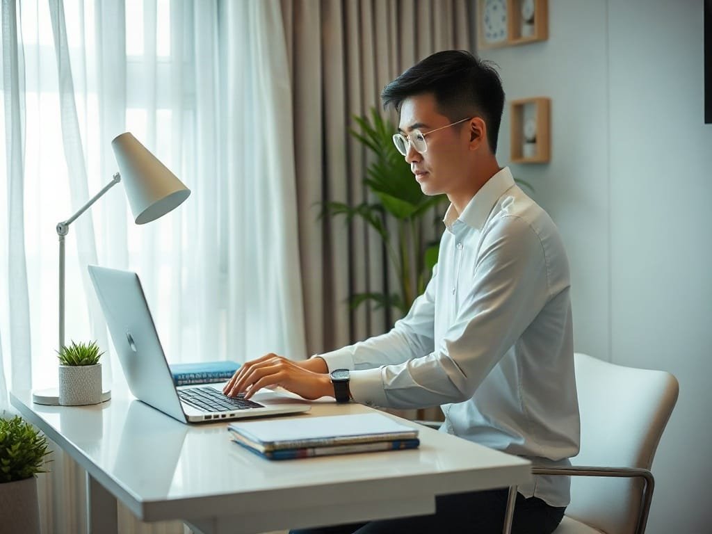 Người trẻ Việt Nam làm việc tại nhà với bàn hiện đại