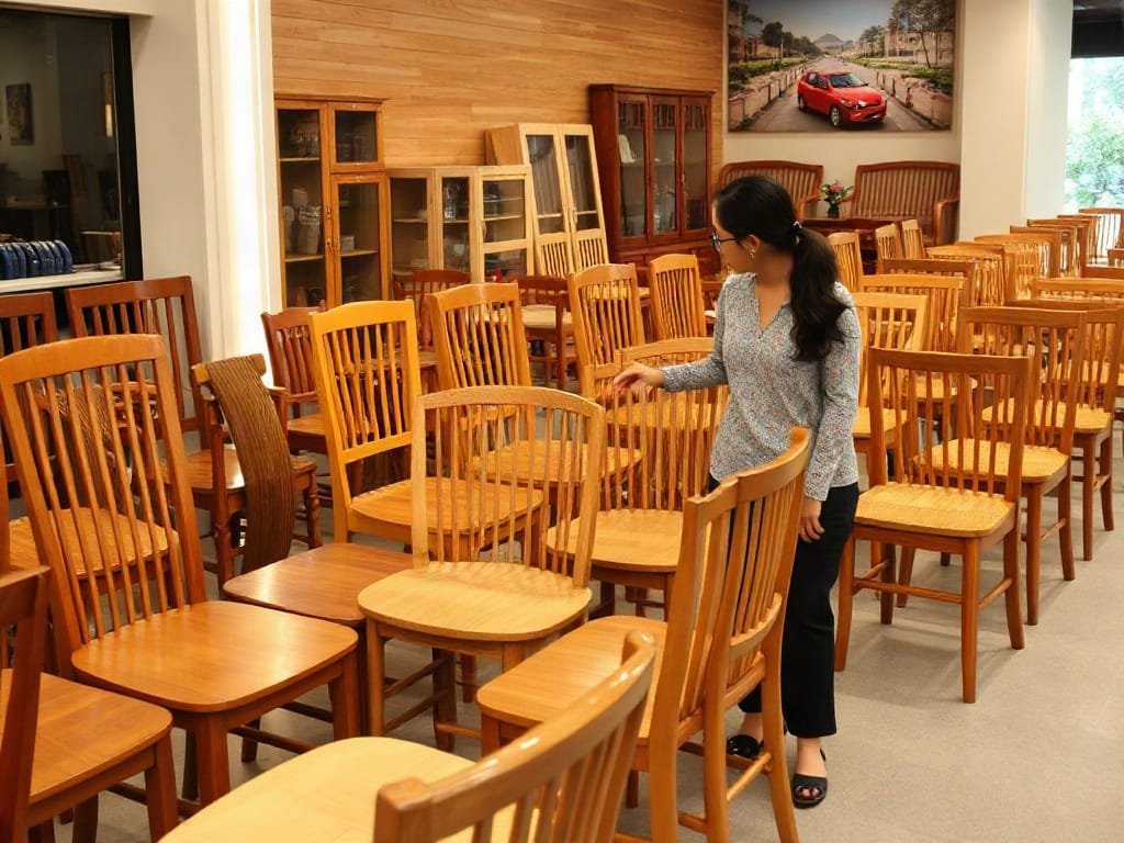 Khám Phá 8 Đặc Điểm Nổi Bật Của Bộ Bàn Ăn Cao Cấp Người Việt chọn ghế ăn gỗ từ một bộ sưu tập trong showroom.