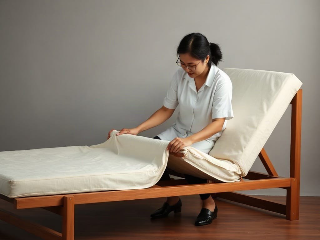 Khám Phá 5 Công Dụng Hữu Ích của Giường Xếp Cho Không Gian Sống Người Việt đang biểu diễn cơ chế xếp của giường.