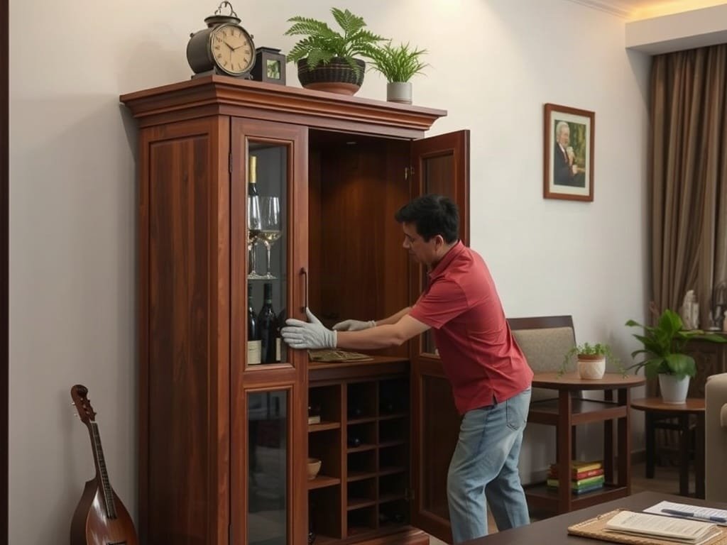 Người Việt đang lau chùi tủ rượu bằng gỗ trong phòng khách ấm cúng.