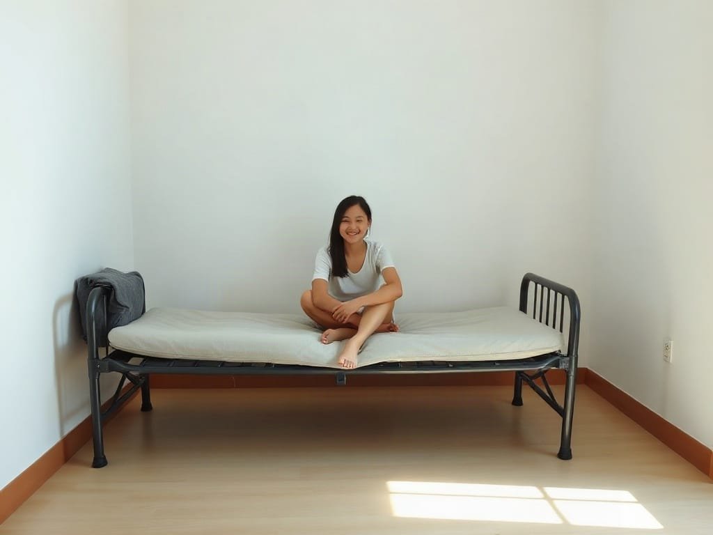Khám Phá 5 Công Dụng Hữu Ích của Giường Xếp Cho Không Gian Sống Người Việt đang ngồi trên giường xếp trong phòng tối giản sáng sủa.