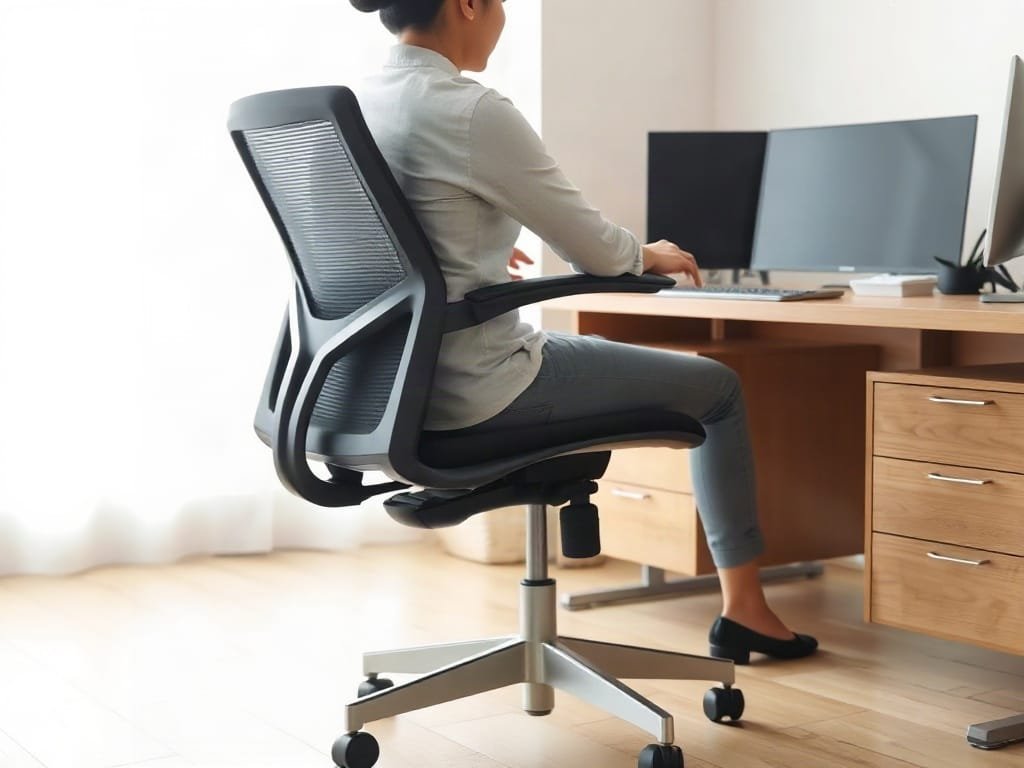 5 Mẹo Chọn Bàn Làm Việc Không Gây Mỏi Lưng: Bí Quyết Cho Sức Khỏe Văn Phòng Người Việt điều chỉnh ghế văn phòng ergonomic tại bàn gỗ để có tư thế hoàn hảo.