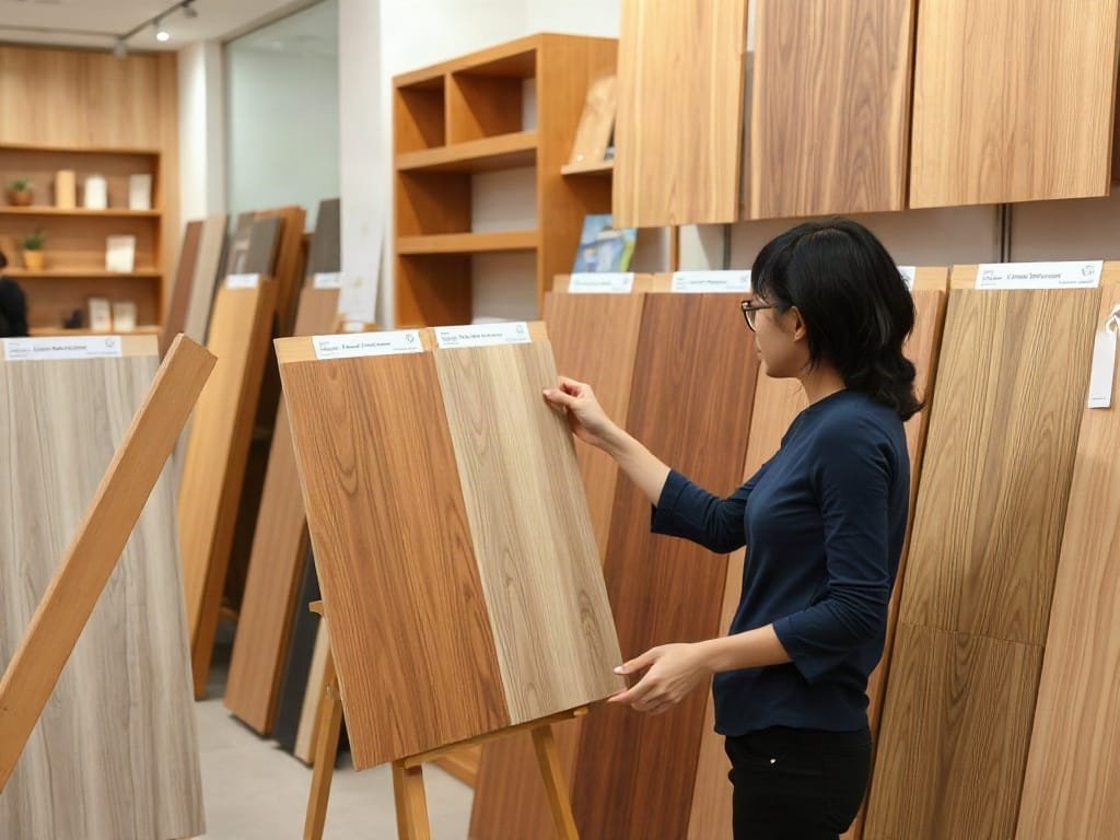 3 Cách Chọn Màu Sắc Bàn Ăn Gỗ Hoàn Hảo Cho Không Gian Sống Người Việt kiểm tra kết cấu gỗ tại showroom nội thất.
