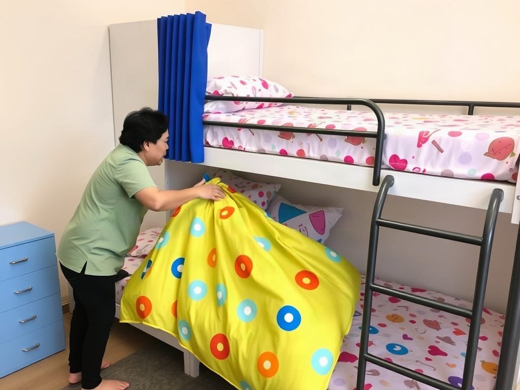6 Mẹo Hay Với Giường Tầng Trẻ Em Giúp Tối Ưu Không Gian Người Việt Nam sắp xếp chăn ga màu sắc trên giường tầng trẻ em.