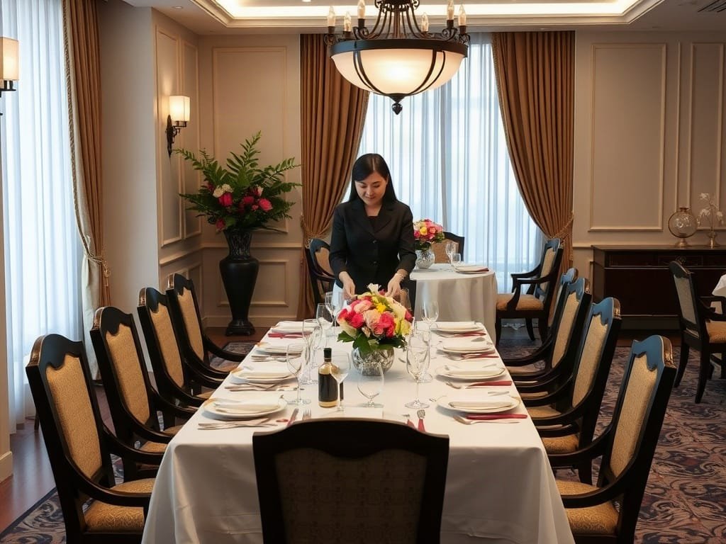 Khám Phá 8 Đặc Điểm Nổi Bật Của Bộ Bàn Ăn Cao Cấp Người Việt sắp xếp bàn ăn đẹp mắt trong phòng ăn sang trọng.