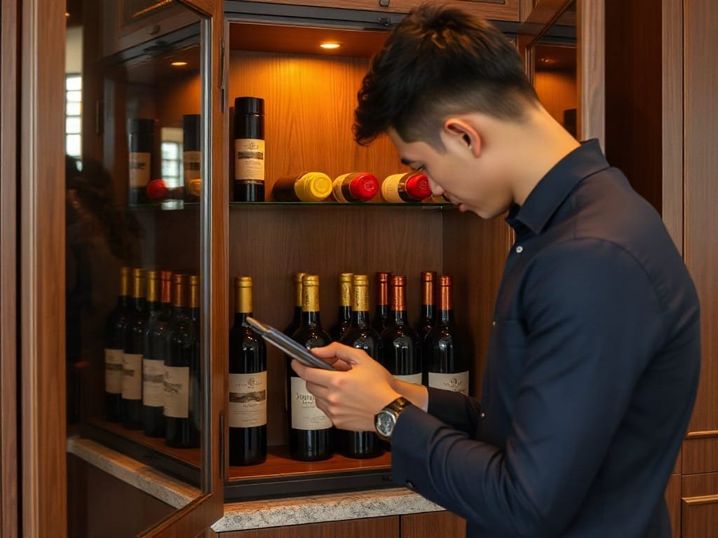 Người Việt sắp xếp chai rượu trong tủ rượu nhỏ và thanh lịch