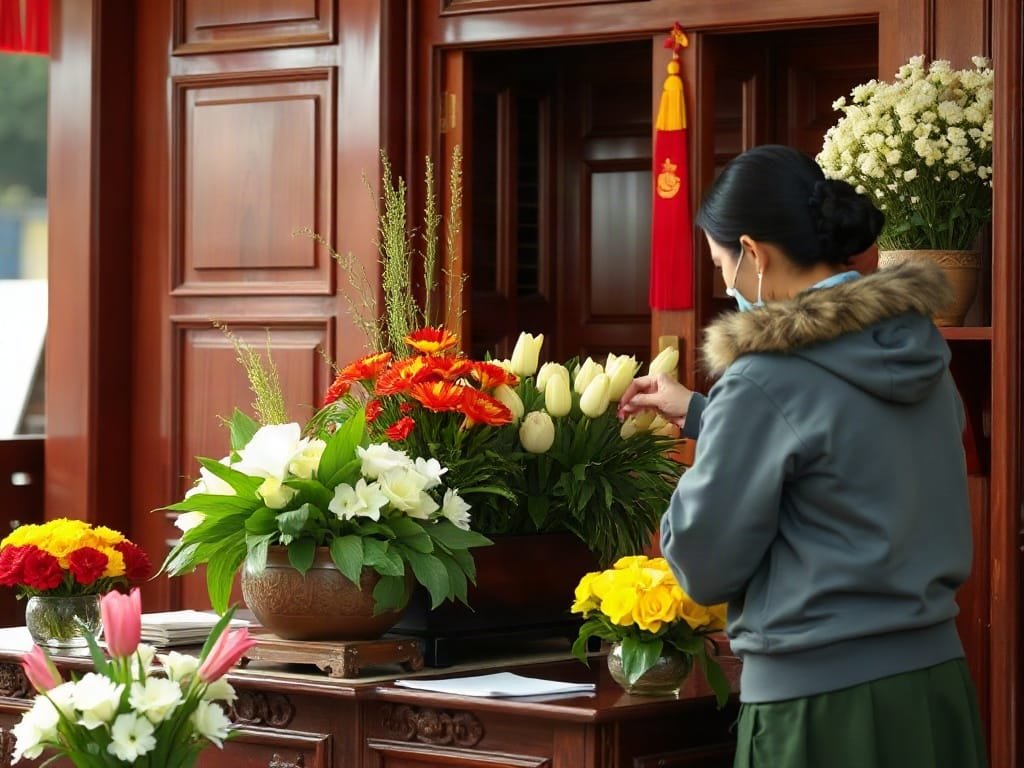 Thợ thủ công đang làm việc trên chi tiết khắc cho bàn thờ gỗ trong xưởng.