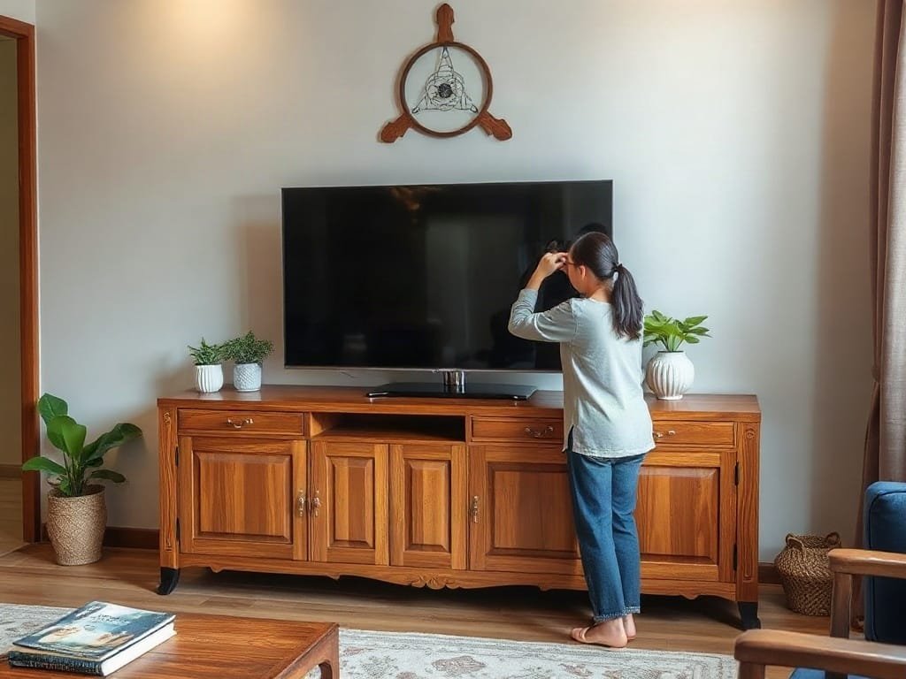 Người Việt sắp xếp kệ tivi gỗ tự nhiên trong không gian ấm áp.