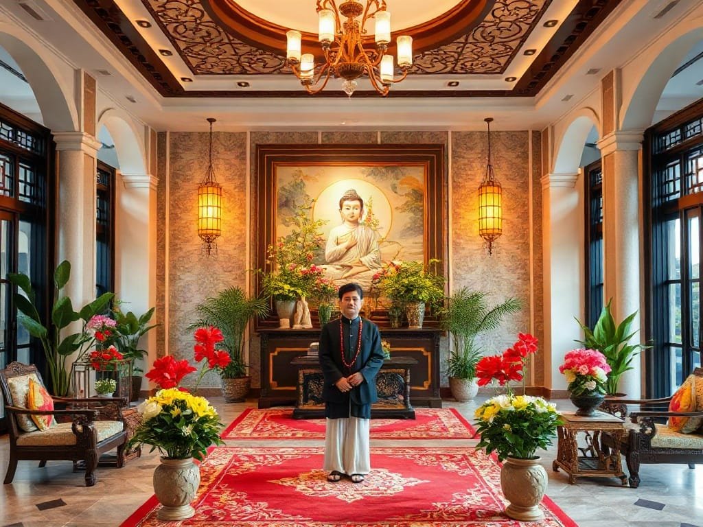 Người Việt sắp xếp nội thất linh thiêng tại không gian lễ tân.