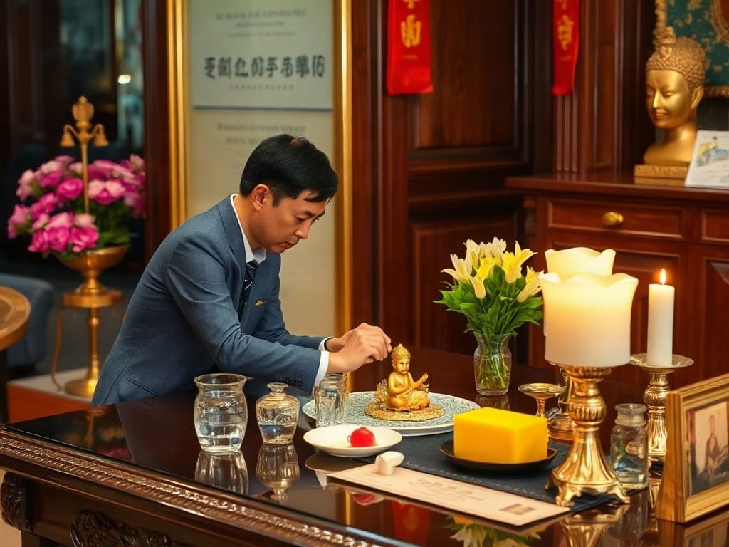 Người Việt sắp xếp vật phẩm tâm linh trên bàn lễ tân trang nhã.