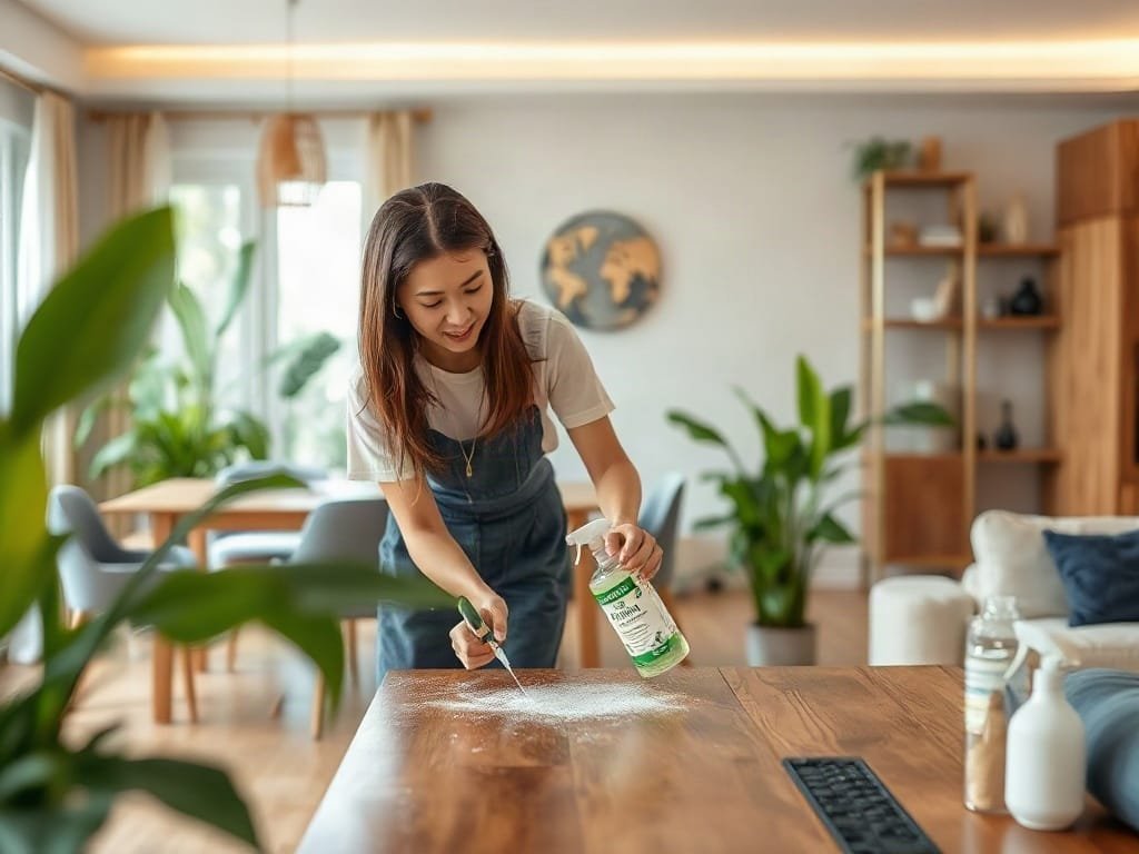 Người Việt sử dụng chất tẩy rửa tự nhiên trên bề mặt gỗ hiện đại.