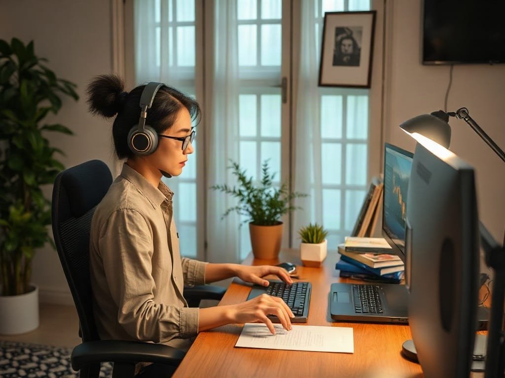 5 Mẹo Chọn Bàn Làm Việc Không Gây Mỏi Lưng: Bí Quyết Cho Sức Khỏe Văn Phòng Người Việt sử dụng phụ kiện ergonomic tại bàn trong không gian làm việc tại nhà ấm cúng.