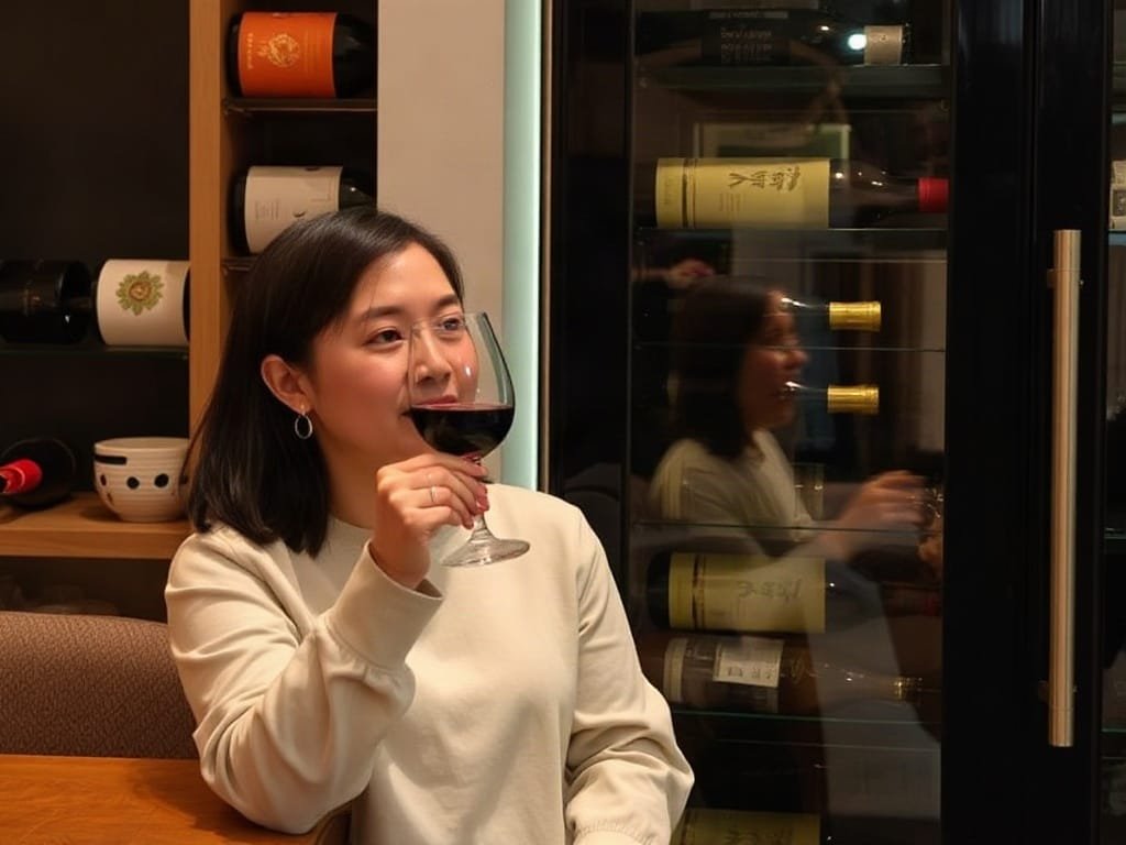 Người Việt thưởng thức ly rượu cạnh tủ rượu phong cách.