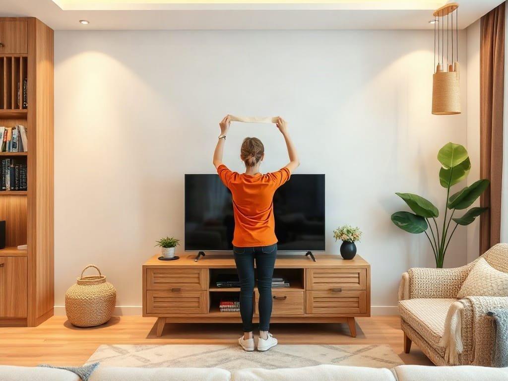 Người Việt trang trí phòng khách tập trung vào kệ tivi gỗ tự nhiên.