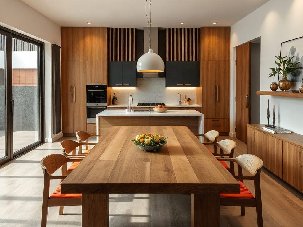 3 Cách Chọn Màu Sắc Bàn Ăn Gỗ Hoàn Hảo Cho Không Gian Sống Nhà bếp hiện đại mở với bàn ăn lớn bằng gỗ trong nhà Việt Nam.