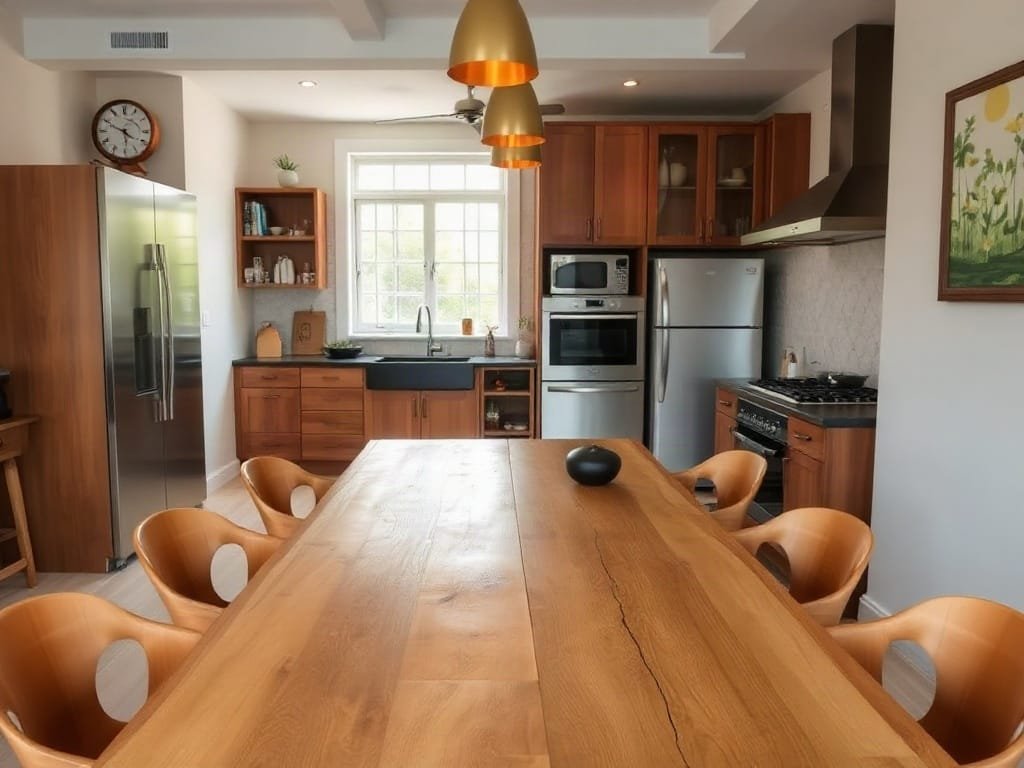 Nhà bếp phong cách Việt Nam với bàn ăn gỗ thủ công độc đáo.