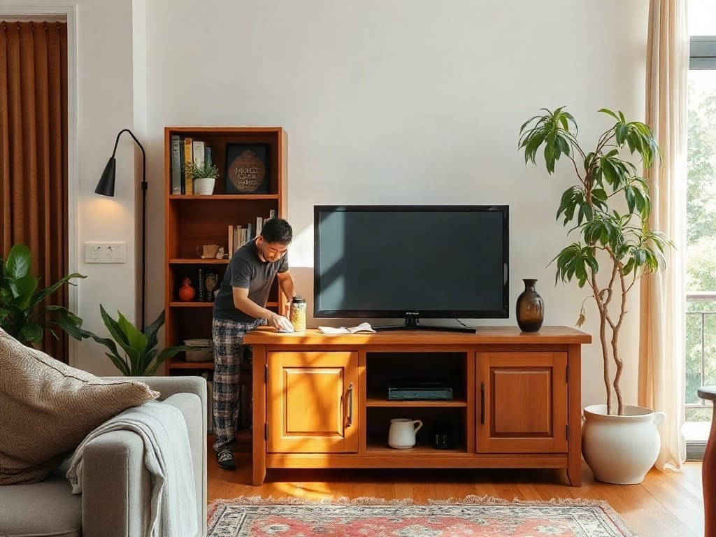6 Cách Làm Sạch Kệ Tivi Gỗ Đơn Giản Và Hiệu Quả Tại Nhà Nhà Việt Nam ấm cúng với ánh sáng mặt trời chiếu lên kệ tivi gỗ khi đang được làm sạch