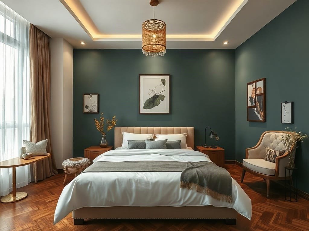 Nội thất phòng ngủ rộng rãi Việt Nam, với chiếc giường mới và trang trí xa hoa.