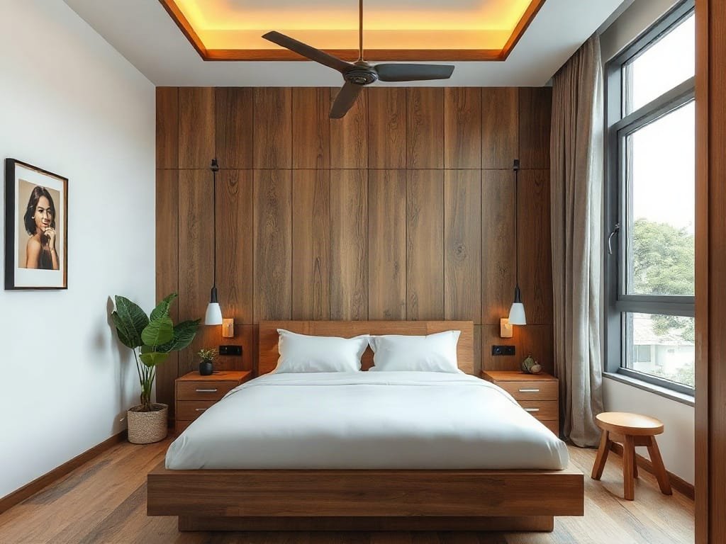 Nội thất phòng ngủ trong căn hộ Việt với yếu tố gỗ Đinh Hương.