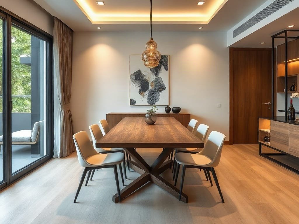 Phòng ăn căn hộ hiện đại Việt Nam với bàn gỗ phong cách.