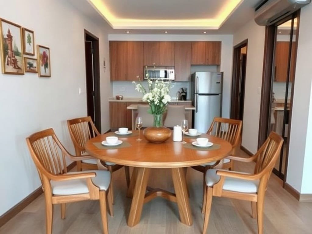 Phòng ăn căn hộ ở Việt Nam với bàn tròn gỗ.