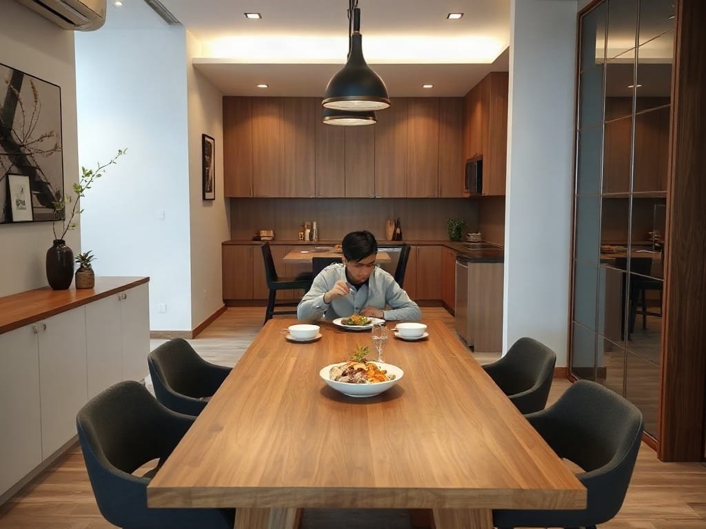 3 Cách Chọn Bàn Ăn Chống Ẩm Mốc Hiệu Quả Cho Gia Đình Bạn Phòng ăn hiện đại trong căn hộ với bàn gỗ, người Việt đang ăn bữa.