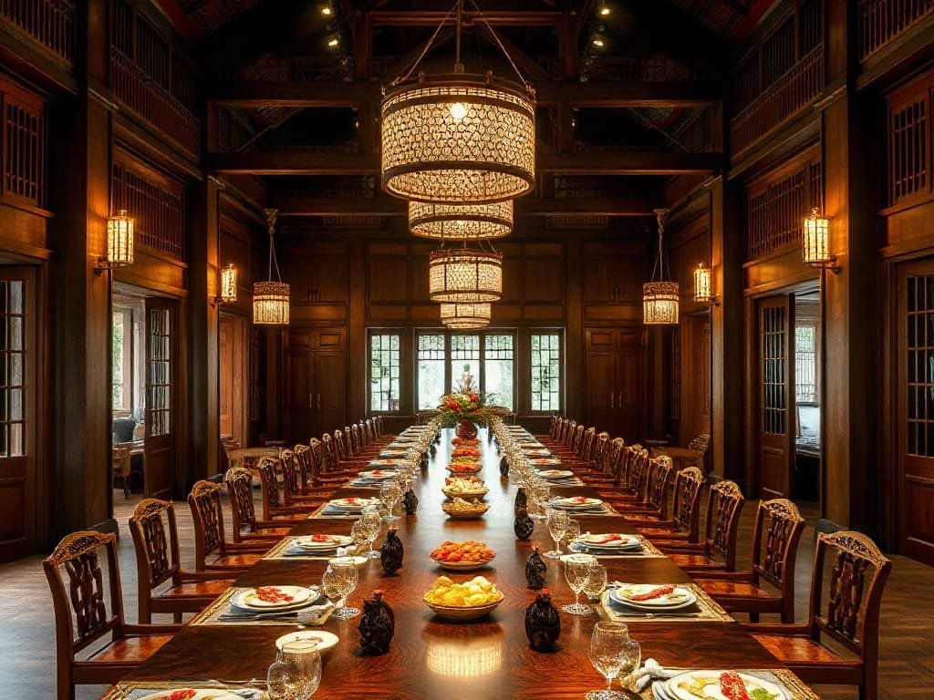Khám Phá 8 Đặc Điểm Nổi Bật Của Bộ Bàn Ăn Cao Cấp Phòng ăn lớn với bàn ăn gỗ dài sẵn sàng cho bữa tiệc theo phong cách Việt.
