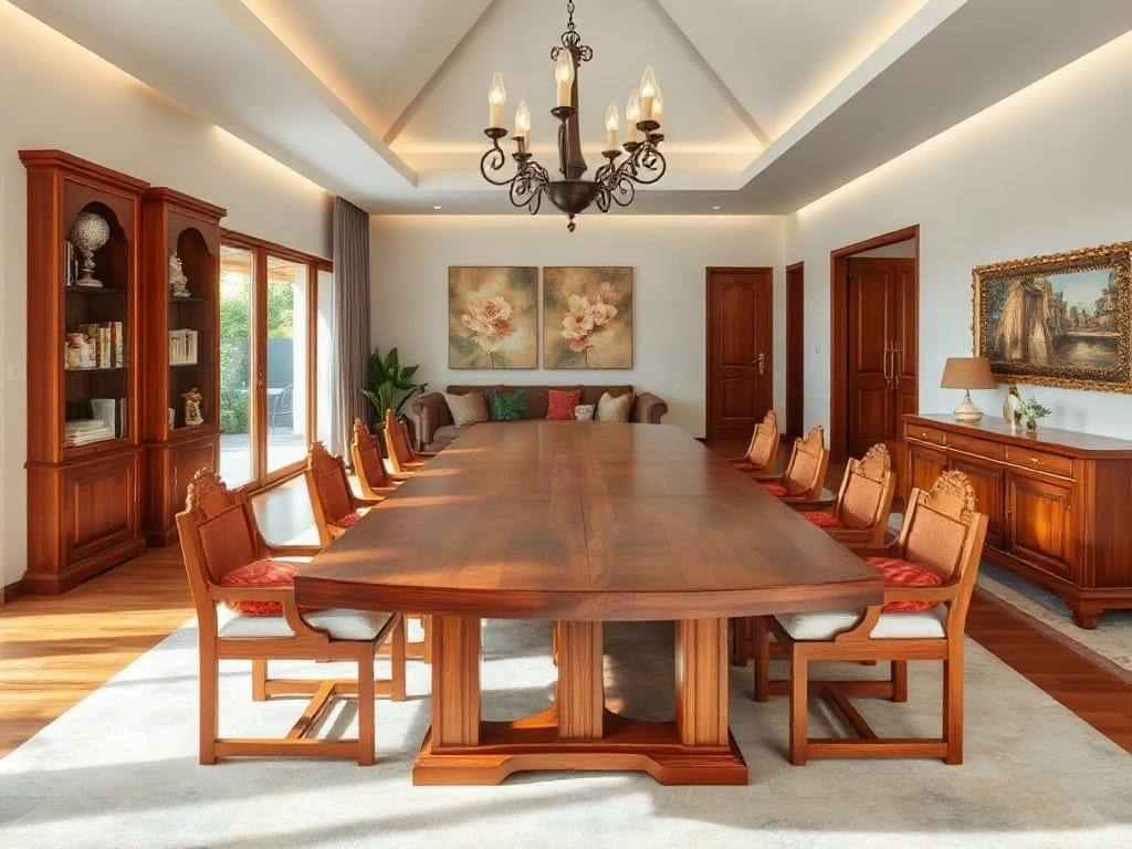 3 Cách Chọn Màu Sắc Bàn Ăn Gỗ Hoàn Hảo Cho Không Gian Sống Phòng ăn rộng rãi trong biệt thự Việt Nam, nhấn vào bàn ăn gỗ lớn.