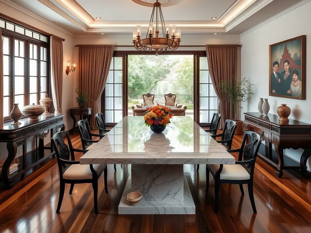 Phòng ăn rộng rãi với bàn ăn đá cẩm thạch trong nhà Việt Nam.