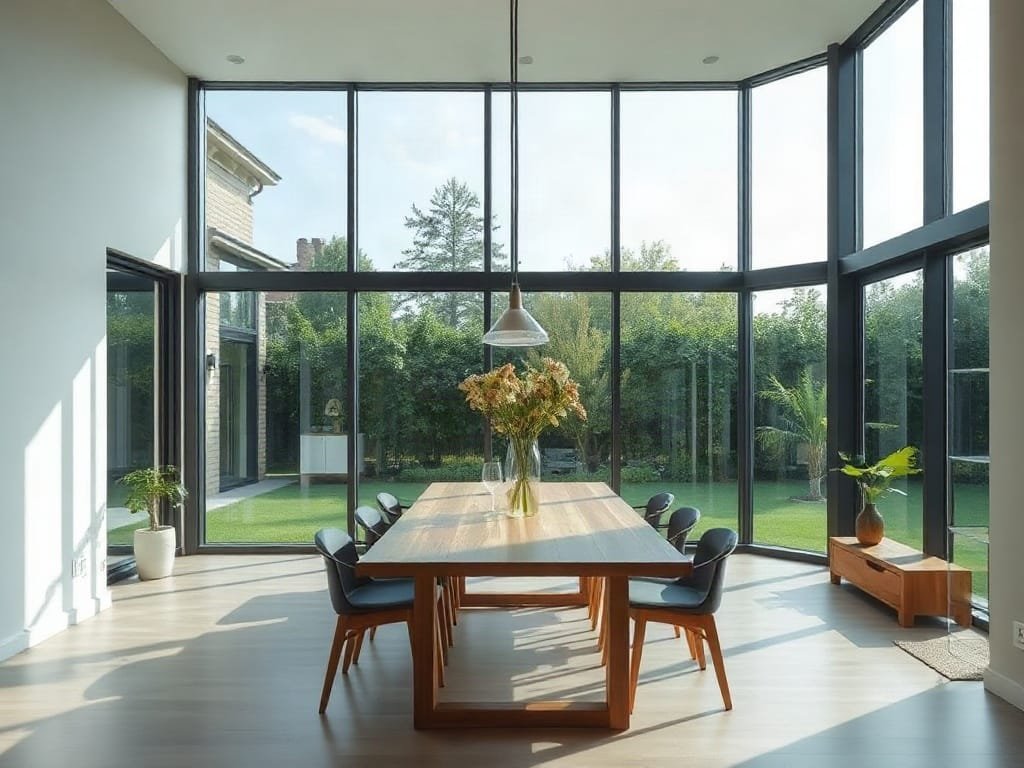 Khám Phá 8 Đặc Điểm Nổi Bật Của Bộ Bàn Ăn Cao Cấp Phòng ăn sang trọng và tối giản với cửa sổ lớn và bàn ăn gỗ hình chữ nhật.