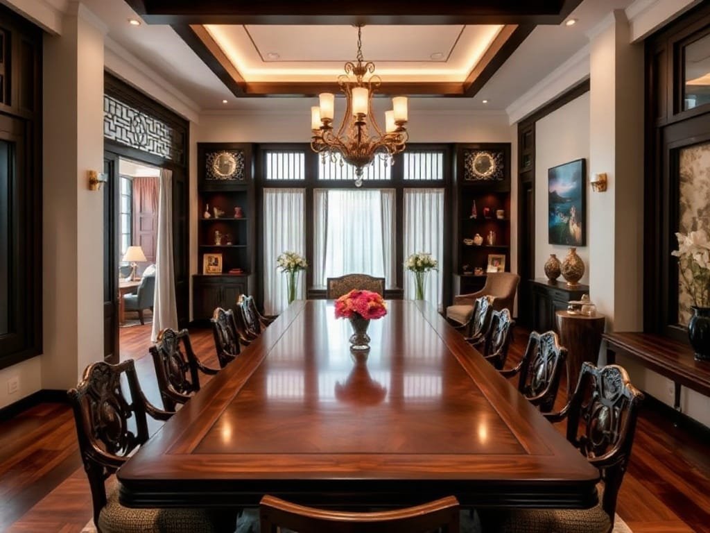Phòng ăn sang trọng với bàn gỗ lớn tại biệt thự Việt Nam