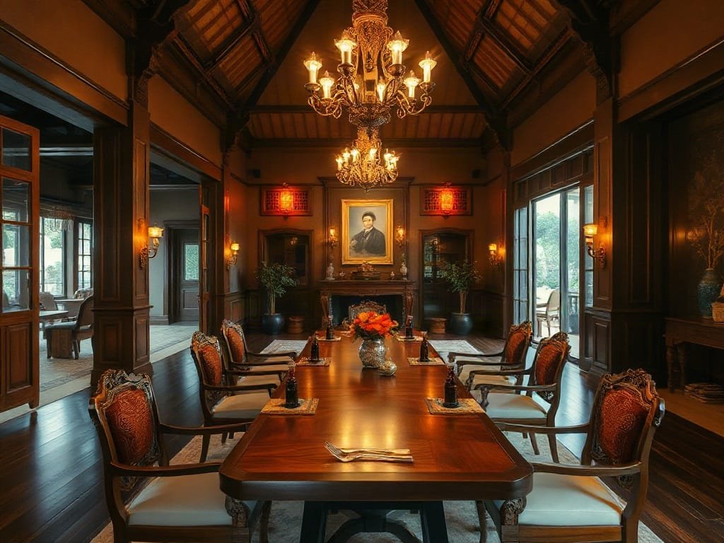 3 Cách Chọn Bàn Ăn Chống Ẩm Mốc Hiệu Quả Cho Gia Đình Bạn Phòng ăn sang trọng với bàn gỗ trong biệt thự Việt Nam, ánh sáng ấm áp.
