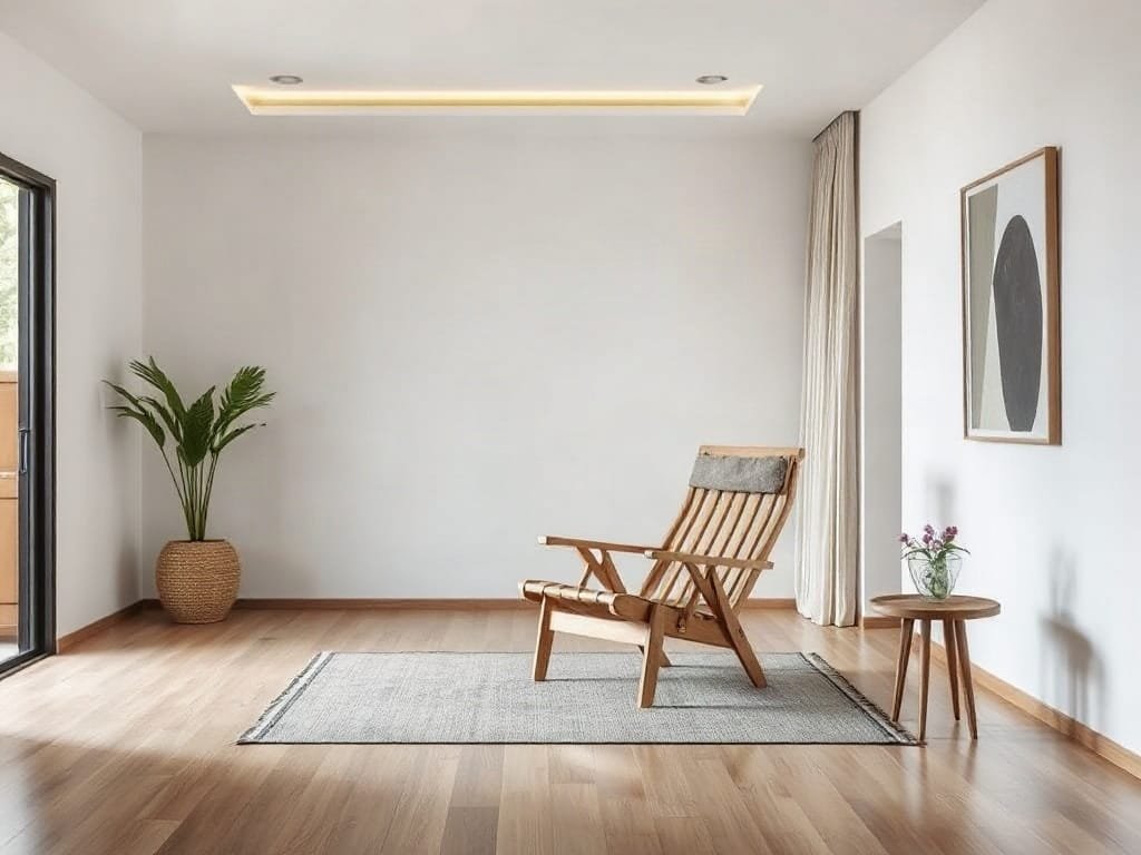 Phòng gia đình ấm cúng trong ngôi nhà Việt Nam hiện đại với ghế bố gỗ.