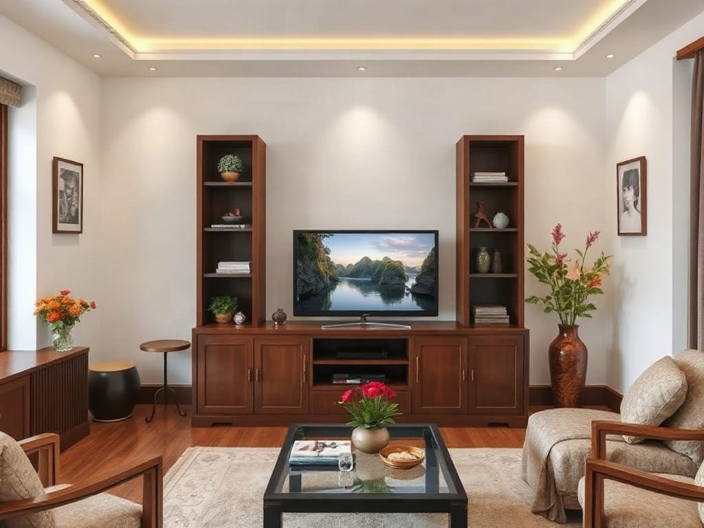 Phòng gia đình ấm cúng Việt Nam có kệ tivi phong cách hiện đại.