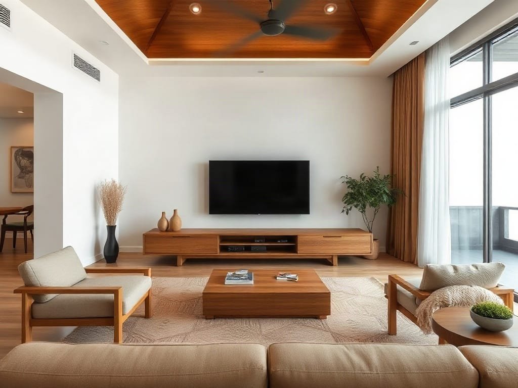 Phòng khách biệt thự rộng rãi Việt Nam với kệ tivi gỗ tối giản.