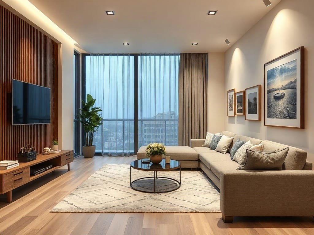 Phòng khách căn hộ hiện đại với thiết kế tối giản