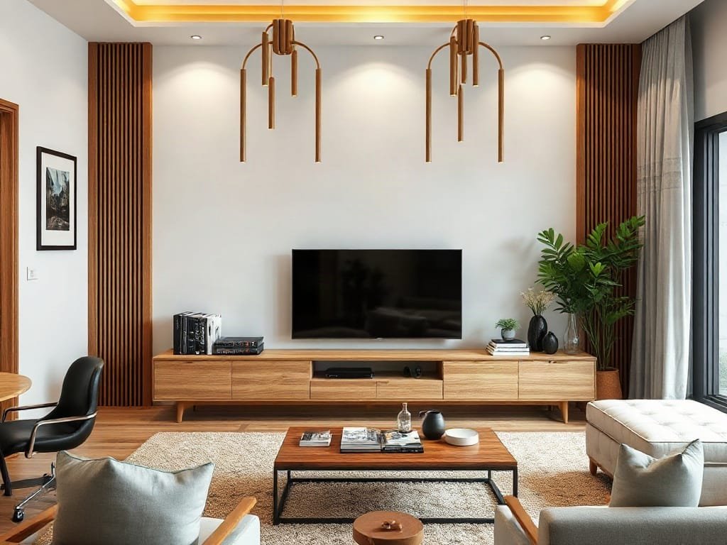 Phòng khách đương đại Việt Nam trưng bày kệ tivi gỗ tự nhiên.