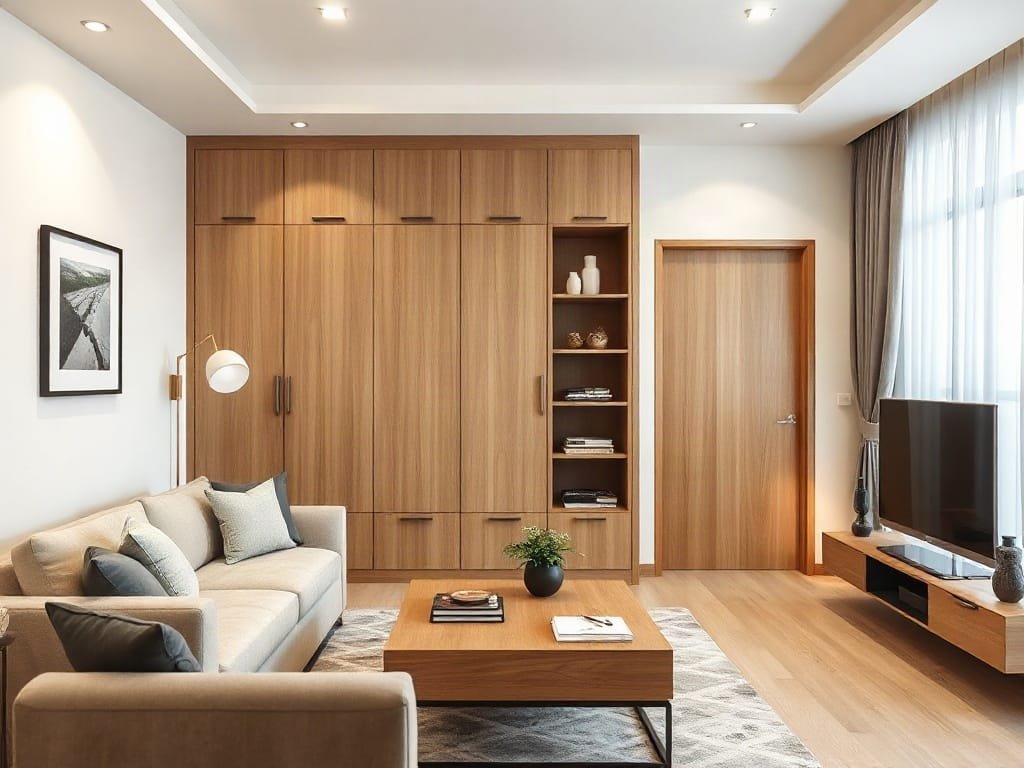 Phòng khách hiện đại với tủ quần áo gỗ tại căn hộ Quận 7