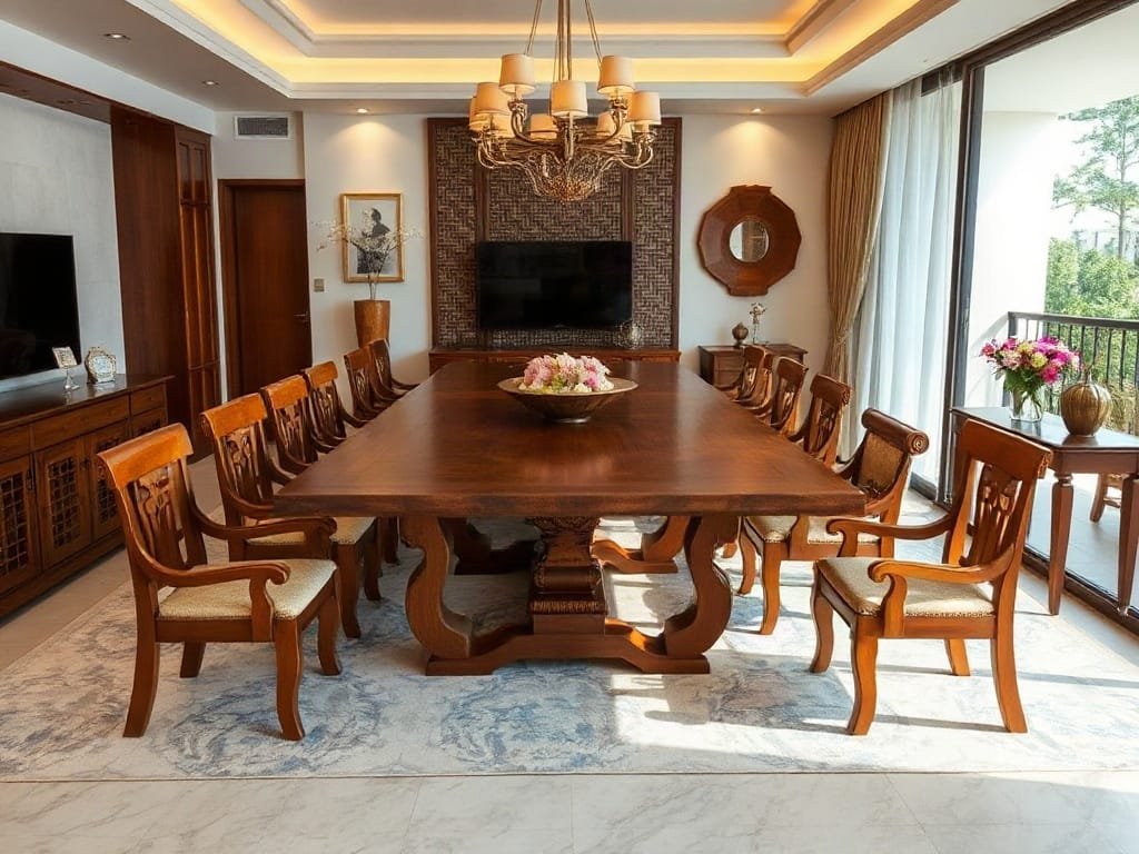 3 Cách Chọn Bàn Ăn Chống Ẩm Mốc Hiệu Quả Cho Gia Đình Bạn Phòng khách kiểu Việt truyền thống với bàn ăn gỗ lớn, trang trí tinh tế.