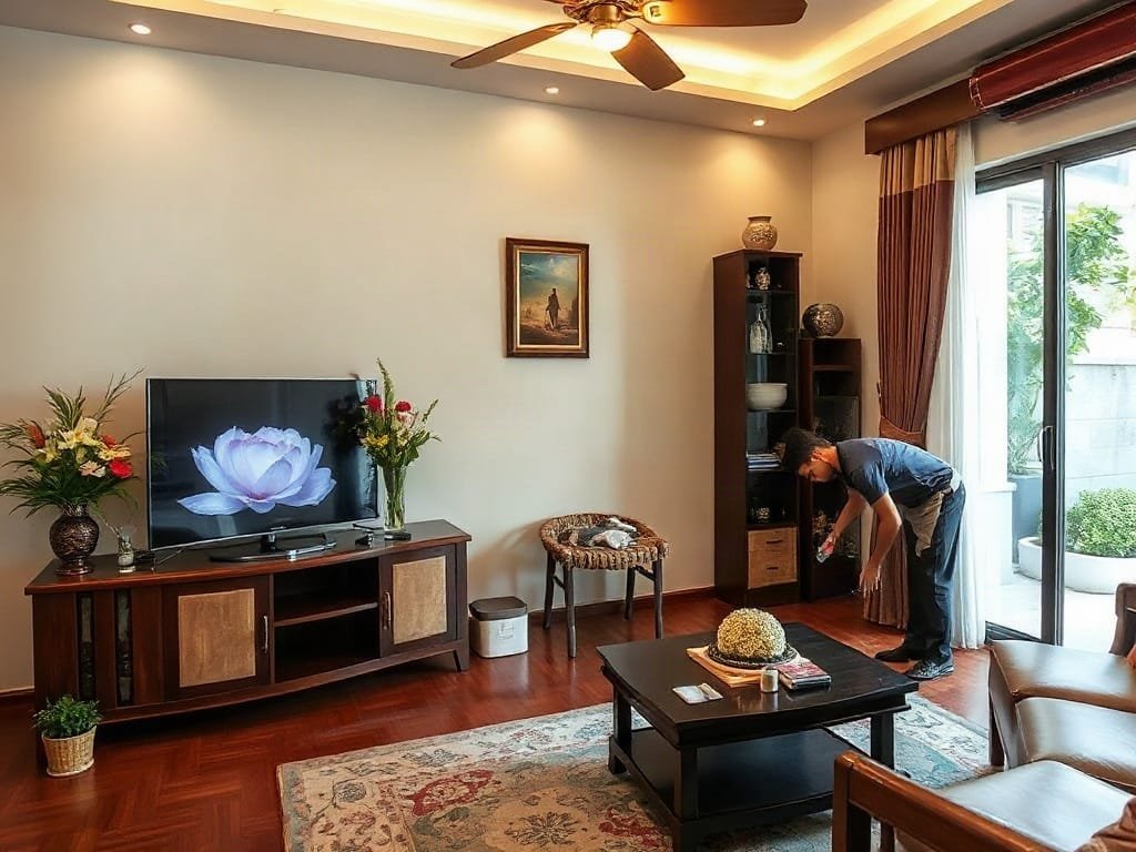 6 Cách Làm Sạch Kệ Tivi Gỗ Đơn Giản Và Hiệu Quả Tại Nhà Phòng khách phong cách Việt Nam với kệ tivi gỗ và người đang lau dọn