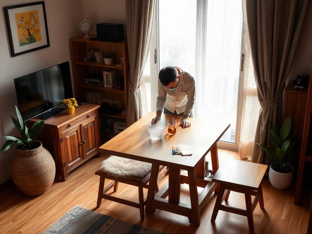Phòng khách Việt Nam ấm cúng với bàn làm việc gỗ tự nhiên